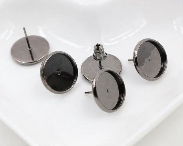 12mm 50pcs/Lot Fashion 7 Colors Plated Brass Copper Material Earring Studs(with Ear plug) Earrings Base,Fit 12mm Glass Cabochons