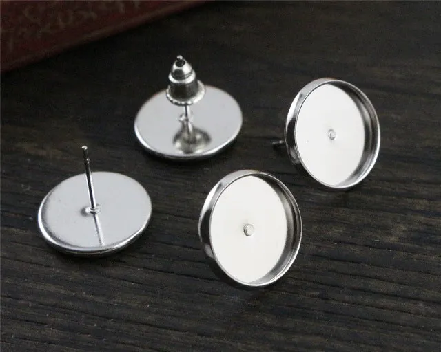 12mm 50pcs/Lot Fashion 7 Colors Plated Brass Copper Material Earring Studs(with Ear plug) Earrings Base,Fit 12mm Glass Cabochons