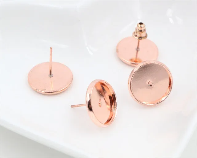 12mm 50pcs/Lot Fashion 7 Colors Plated Brass Copper Material Earring Studs(with Ear plug) Earrings Base,Fit 12mm Glass Cabochons