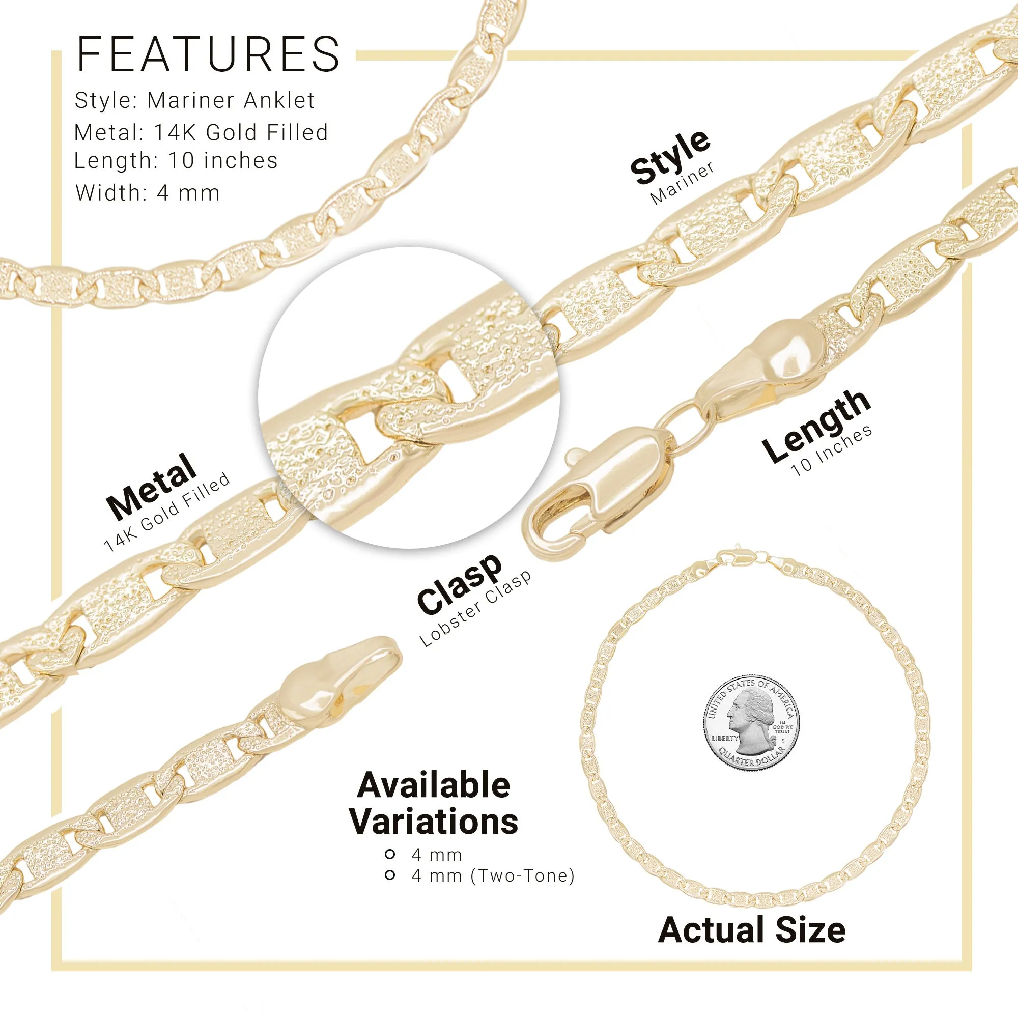14K Gold Filled Anklet Diamond Cut Two Tone Mariner Chain Anklet 10"  Women Jewelry