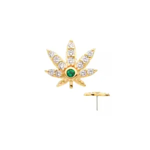 14K Gold Threadless CZ Weed Leaf 420 Earring with Titanium Backing