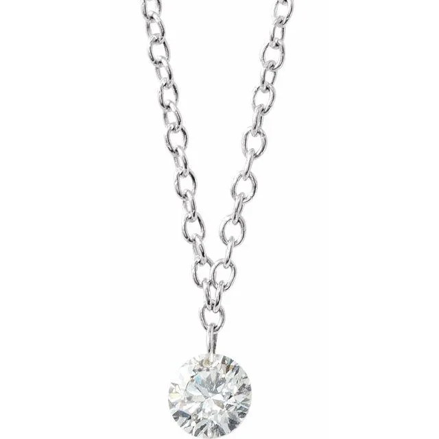14K White Gold 1/6 CT Drilled Natural Diamond Solitaire 16-18" Necklace