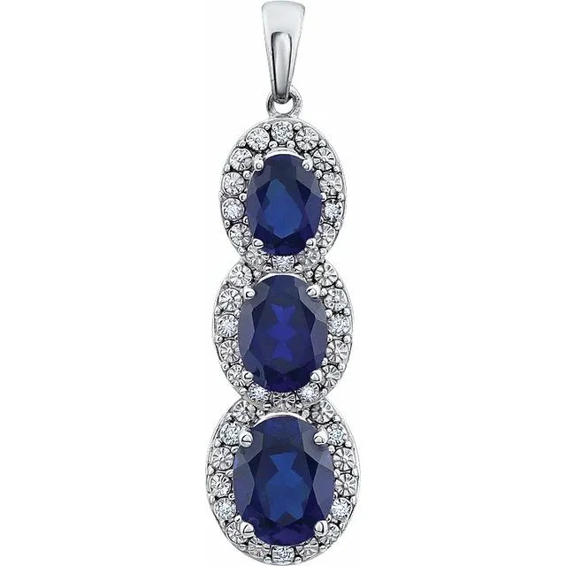 14K White Gold Lab-Grown Blue Sapphire & .04 CTW Natural Diamond Pendant