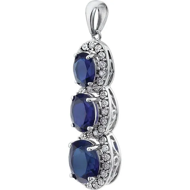14K White Gold Lab-Grown Blue Sapphire & .04 CTW Natural Diamond Pendant