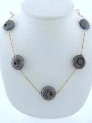 14K YELLOW GOLD 12-13mm ROUND FLAT BLACK PEARL TIN CUP NECKLACE CHAIN 16 1/2"