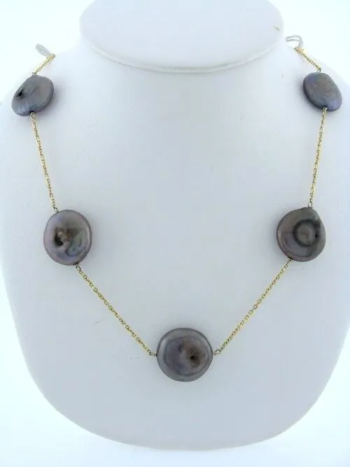 14K YELLOW GOLD 12-13mm ROUND FLAT BLACK PEARL TIN CUP NECKLACE CHAIN 16 1/2"