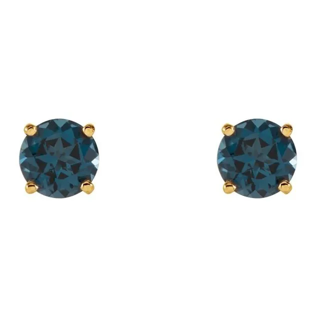 14K Yellow Gold 5 mm Natural London Blue Topaz Stud Earrings with Friction Post