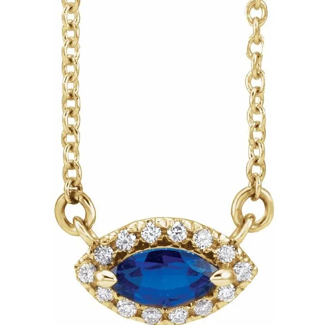 14K Yellow Gold Natural Blue Sapphire & .05 CTW Natural Diamond Halo-Style 16" Necklace
