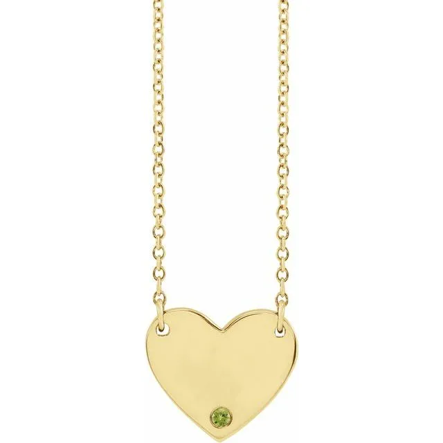 14K Yellow Gold Natural Peridot Engravable Heart 18" Necklace