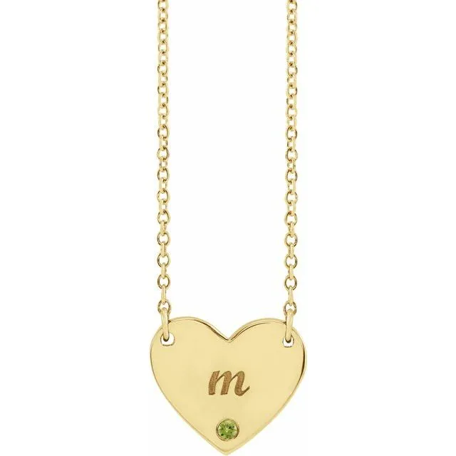 14K Yellow Gold Natural Peridot Engravable Heart 18" Necklace