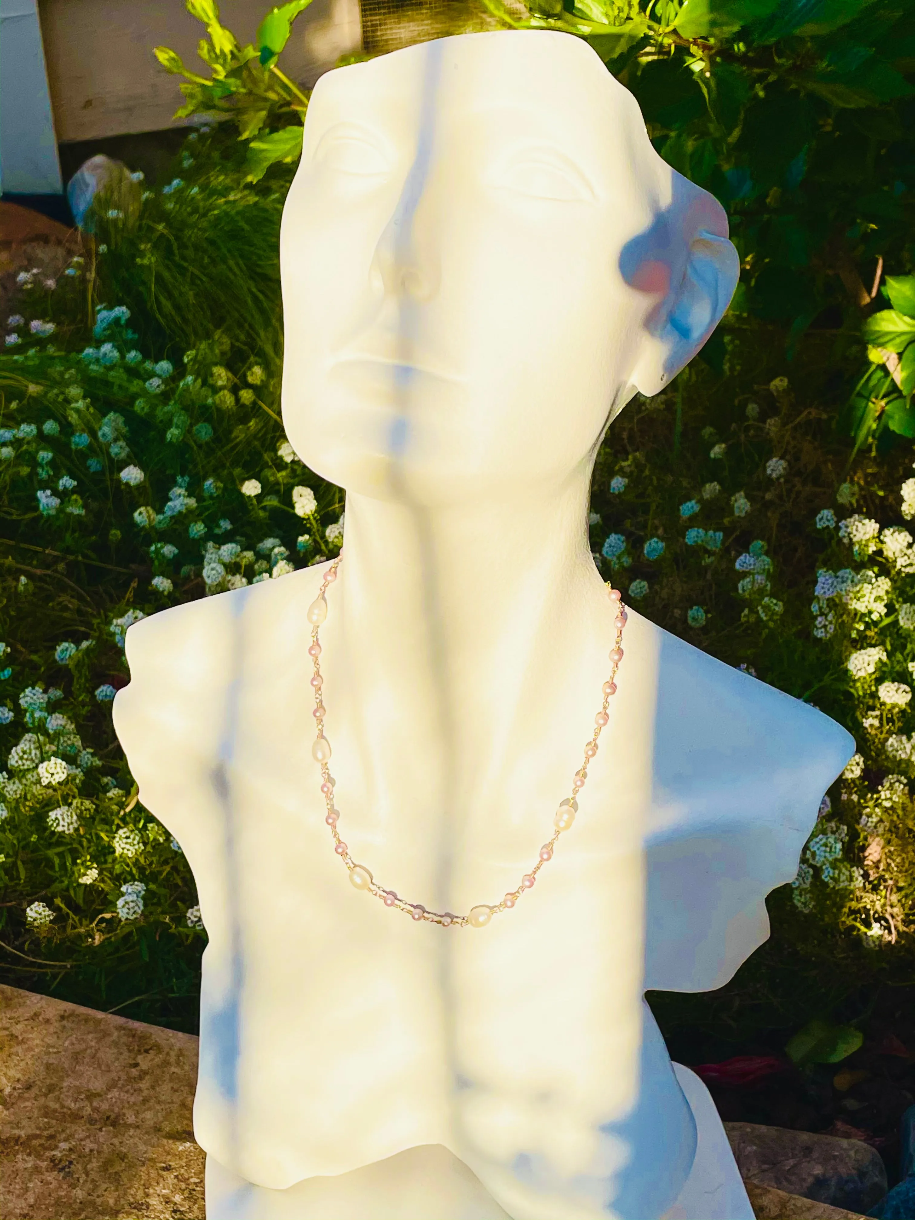 14K Yellow Gold Pink   White Pearl Artisan Hand Made 14kt Necklace 10.5g