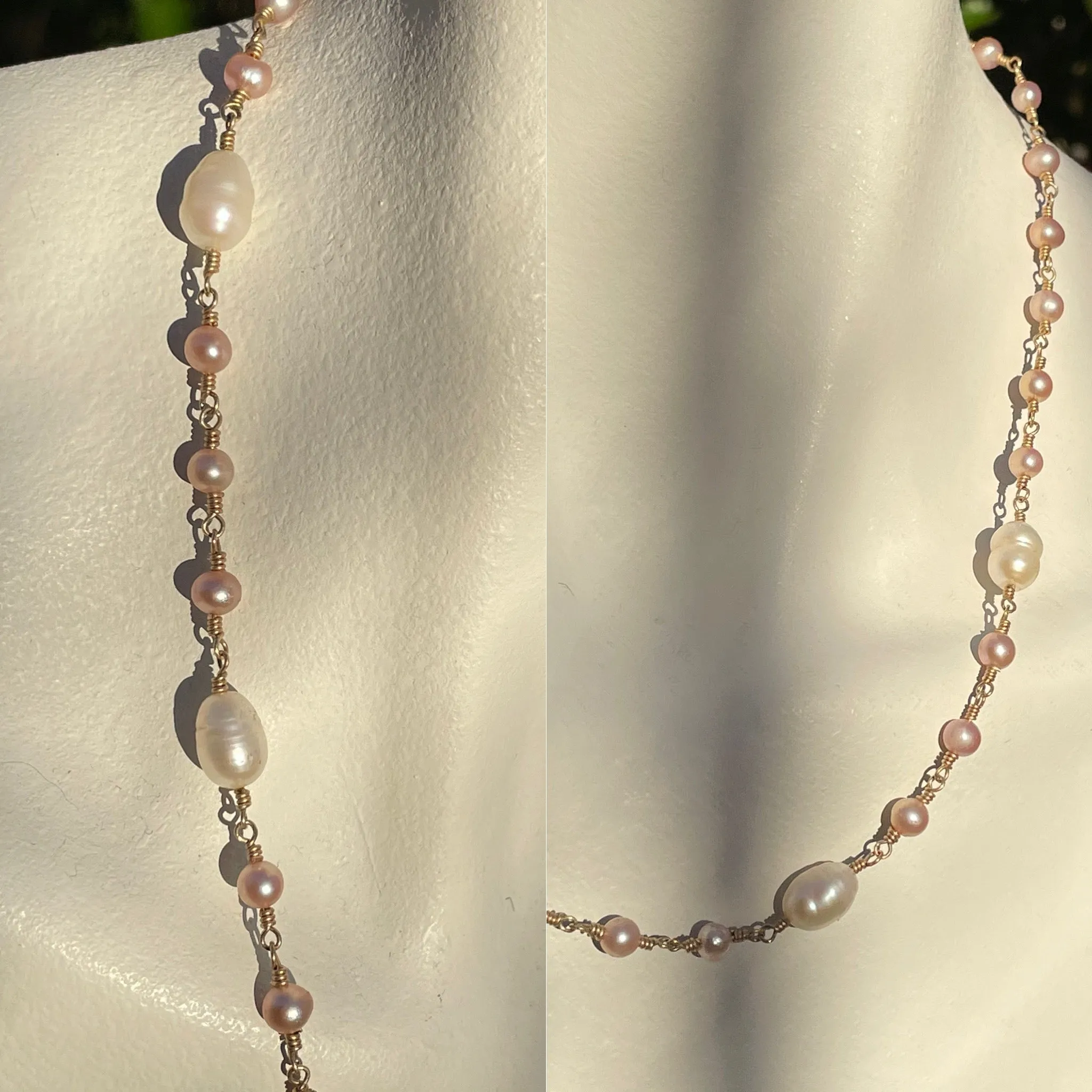 14K Yellow Gold Pink   White Pearl Artisan Hand Made 14kt Necklace 10.5g