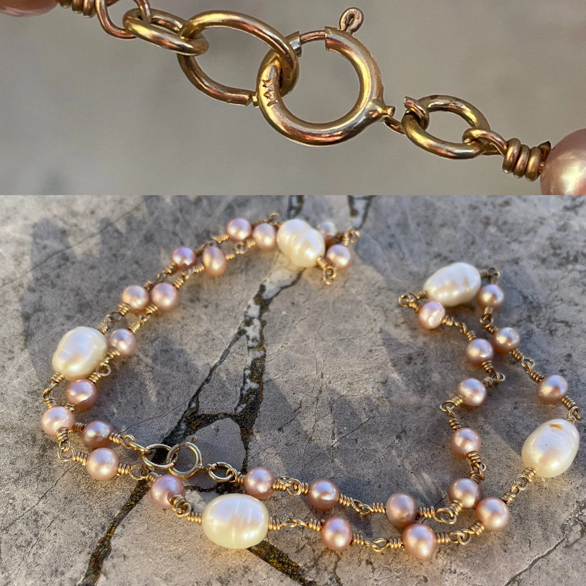 14K Yellow Gold Pink   White Pearl Artisan Hand Made 14kt Necklace 10.5g