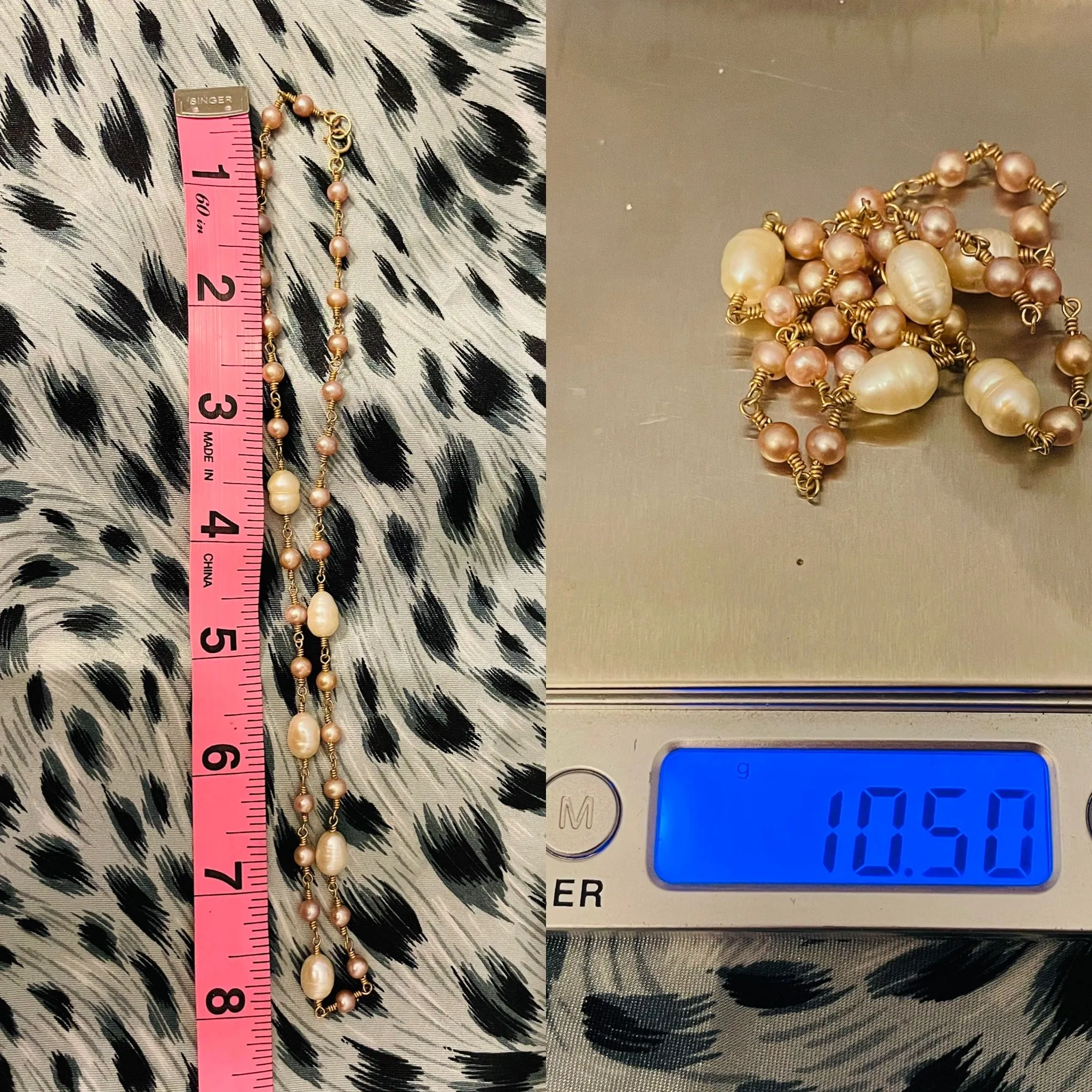 14K Yellow Gold Pink   White Pearl Artisan Hand Made 14kt Necklace 10.5g