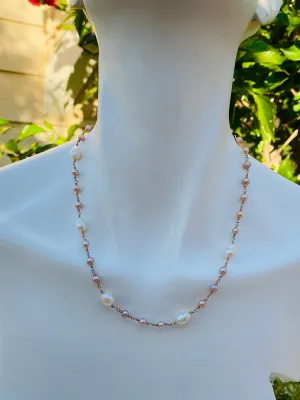 14K Yellow Gold Pink   White Pearl Artisan Hand Made 14kt Necklace 10.5g