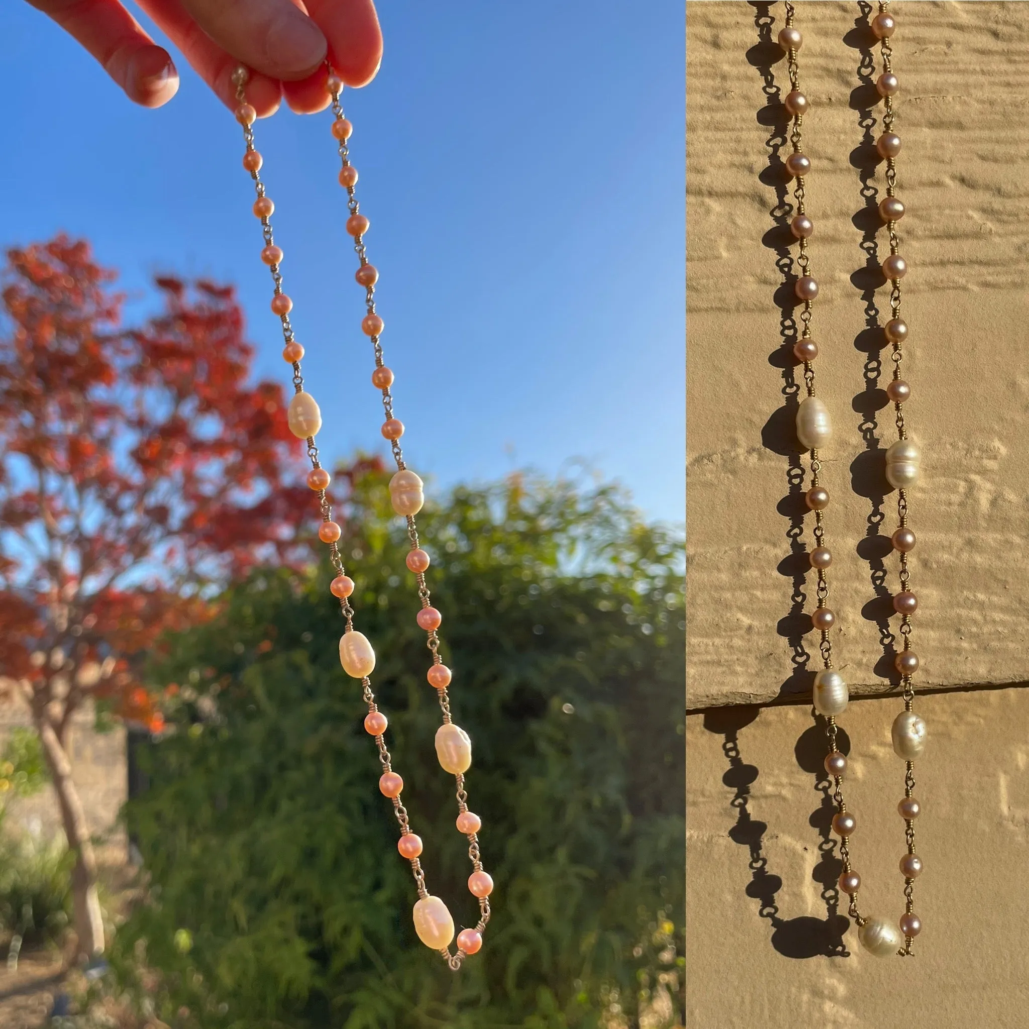 14K Yellow Gold Pink   White Pearl Artisan Hand Made 14kt Necklace 10.5g