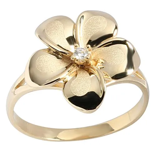 14K Yellow Gold Plumeria Ring with CZ Sandblast Polish Edge 15mm