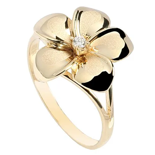 14K Yellow Gold Plumeria Ring with CZ Sandblast Polish Edge 15mm