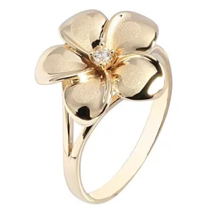 14K Yellow Gold Plumeria Ring with CZ Sandblast Polish Edge 15mm