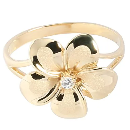 14K Yellow Gold Plumeria Ring with CZ Sandblast Polish Edge 15mm