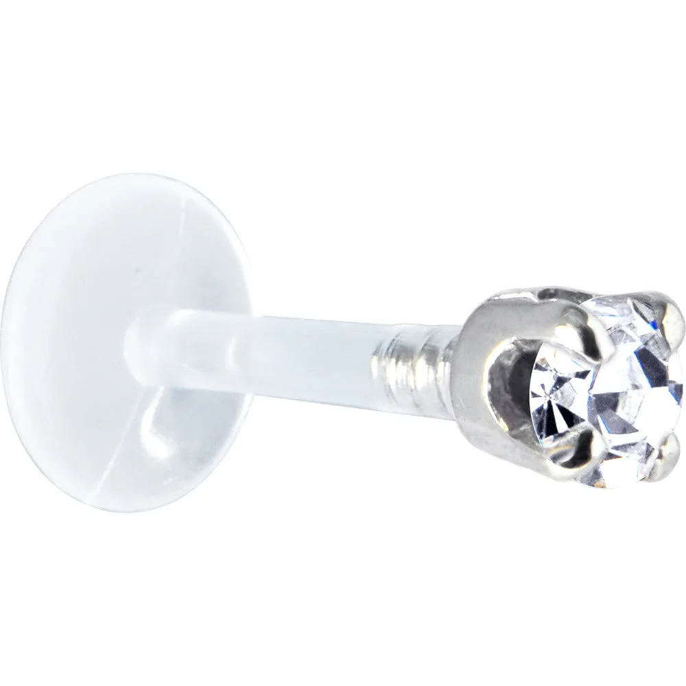 16 Gauge 5/16 Solid 14KT White Gold 3mm Clear Cubic Zirconia Bioplast Tragus Earring Stud