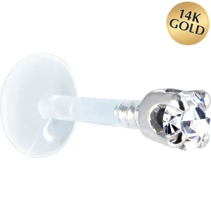 16 Gauge 5/16 Solid 14KT White Gold 3mm Clear Cubic Zirconia Bioplast Tragus Earring Stud