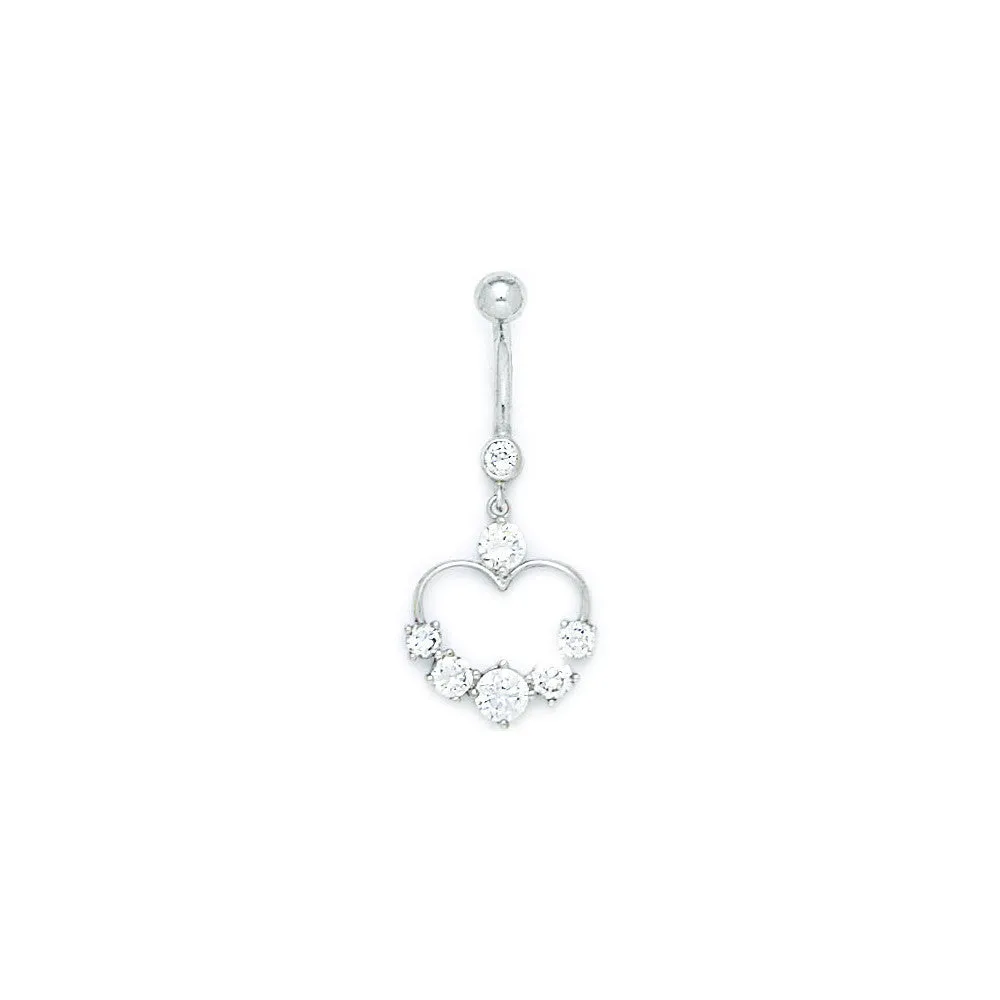 16 Gauge Solid 14kt White Gold Cubic Zirconia Classy Heart Belly Ring