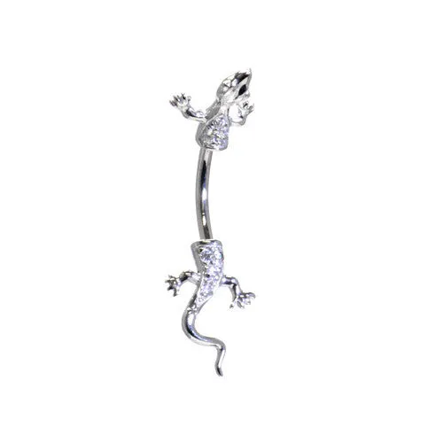 16 Gauge Solid 14KT White Gold Cubic Zirconia LIZARD Belly Ring
