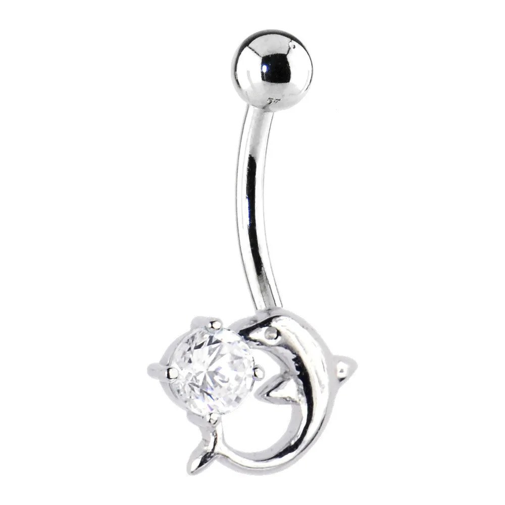 16 Gauge Solid 14kt White Gold Dolphin Clear Cubic Zirconia Belly Ring
