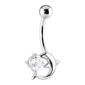 16 Gauge Solid 14kt White Gold Dolphin Clear Cubic Zirconia Belly Ring