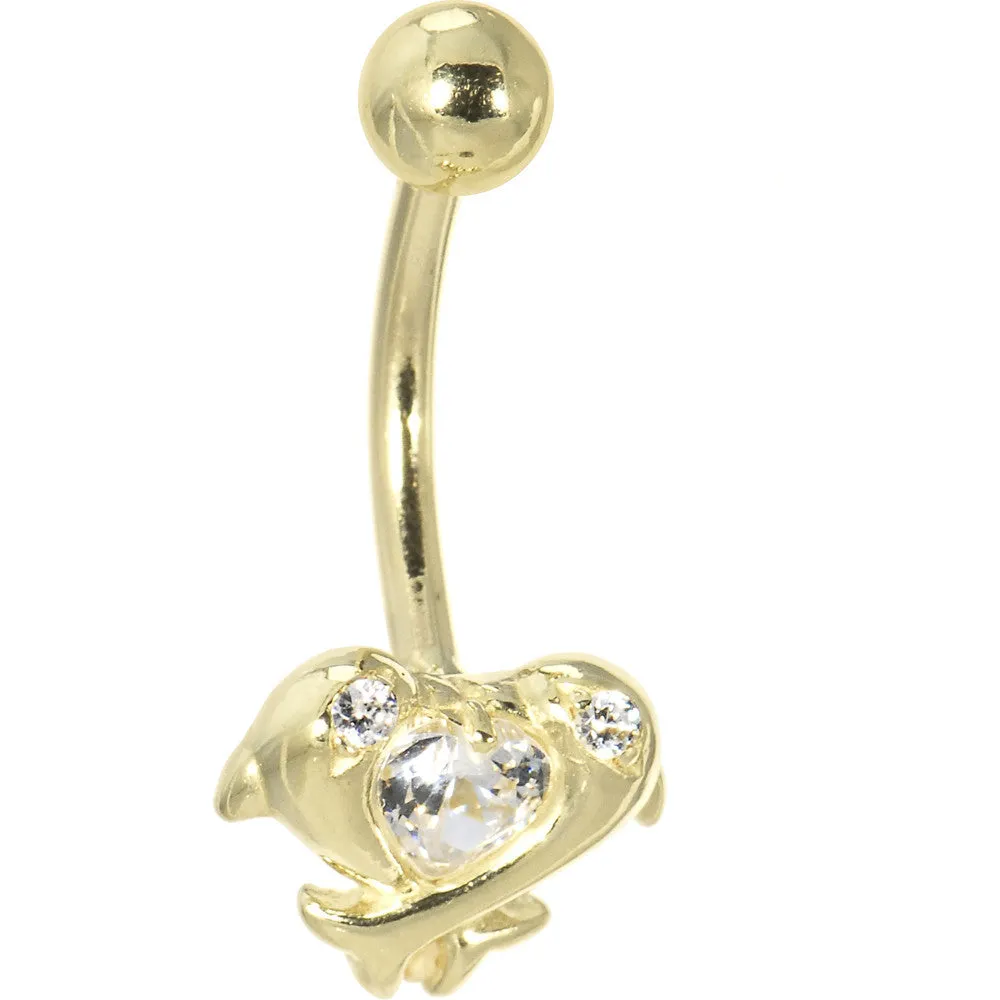 16 Gauge Solid 14kt Yellow Gold Cubic Zirconia Dolphin Kiss Belly Ring