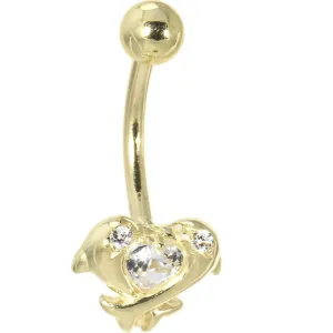 16 Gauge Solid 14kt Yellow Gold Cubic Zirconia Dolphin Kiss Belly Ring