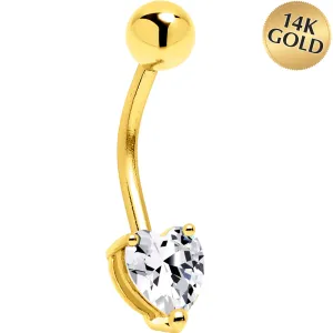 16 Gauge Solid 14KT Yellow Gold Cubic Zirconia HEART SOLITAIRE Belly Ring