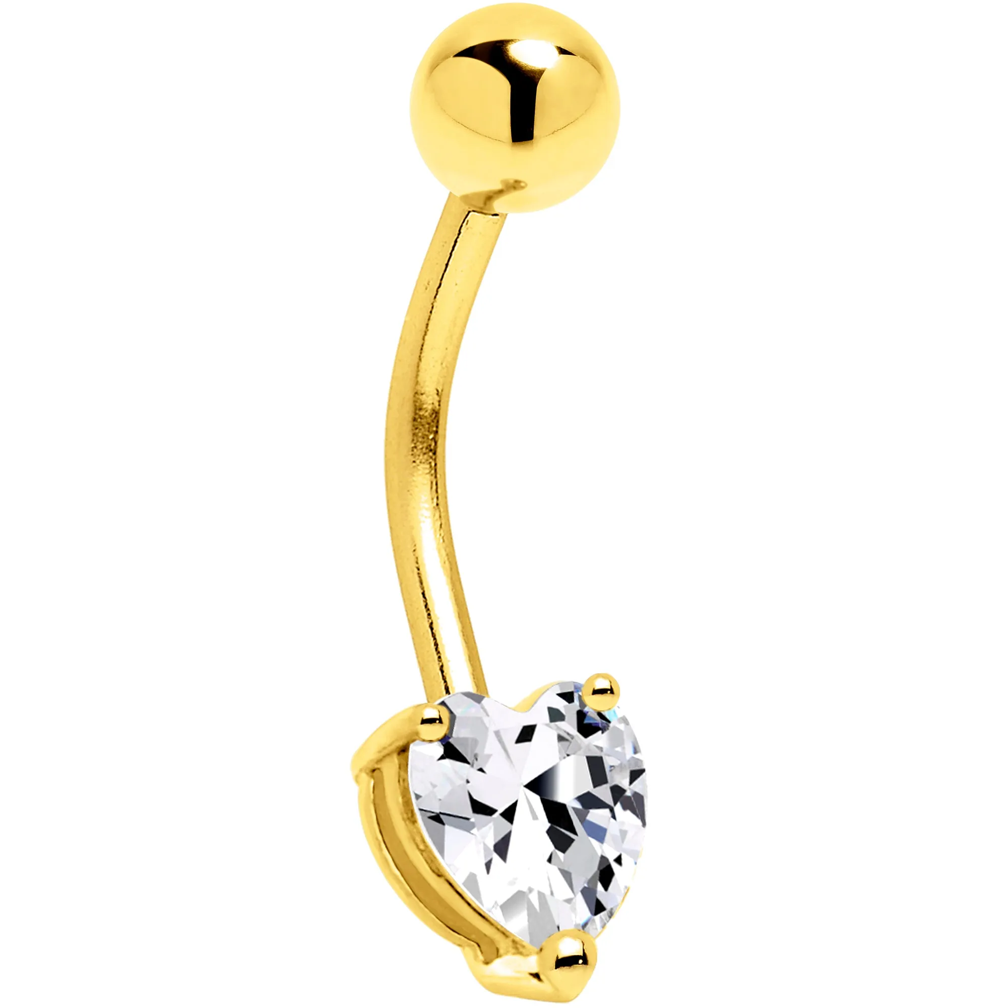 16 Gauge Solid 14KT Yellow Gold Cubic Zirconia HEART SOLITAIRE Belly Ring