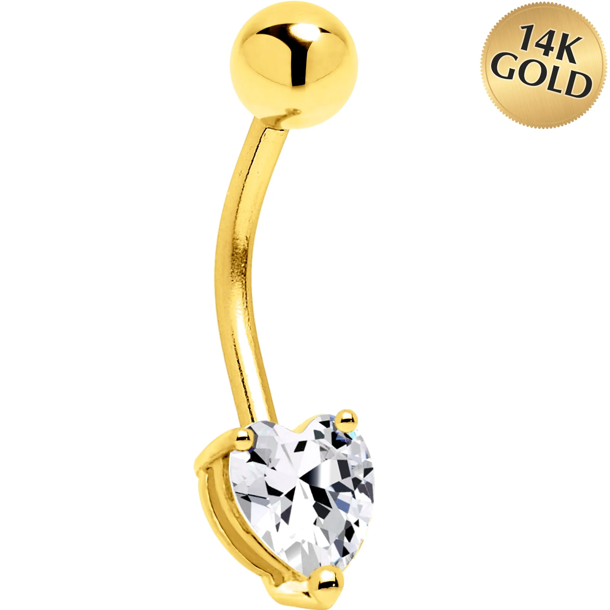 16 Gauge Solid 14KT Yellow Gold Cubic Zirconia HEART SOLITAIRE Belly Ring