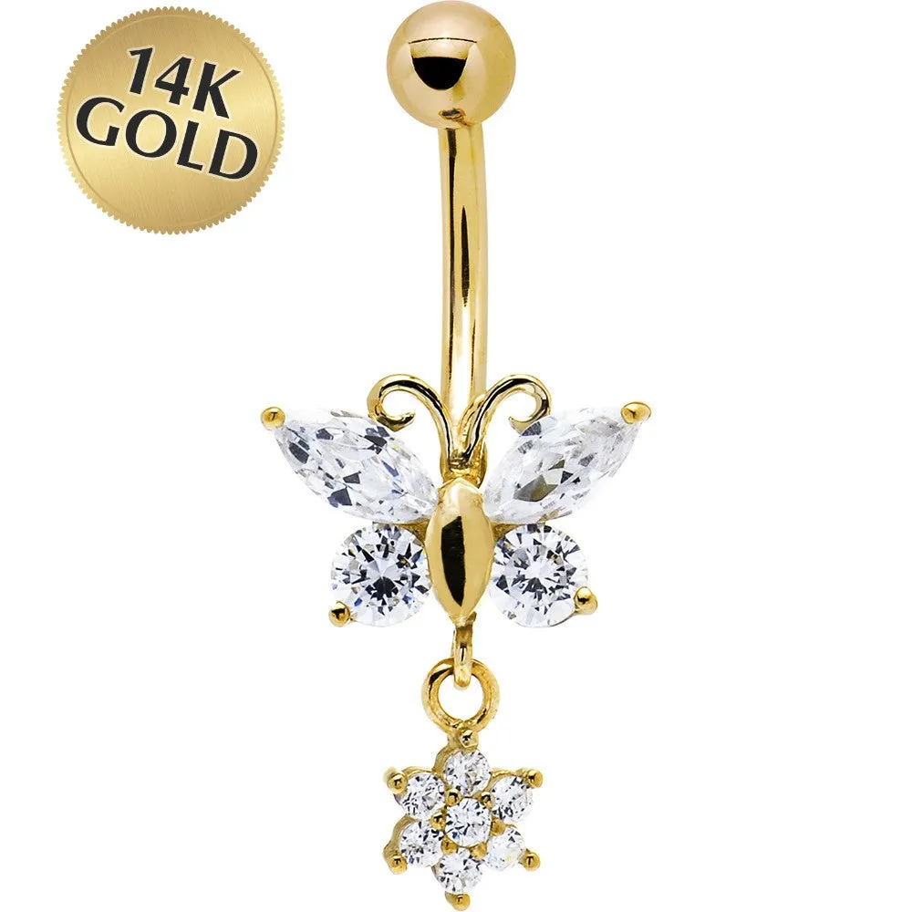 16 Gauge Solid 14kt Yellow Gold CZ Flower Butterfly Belly Ring