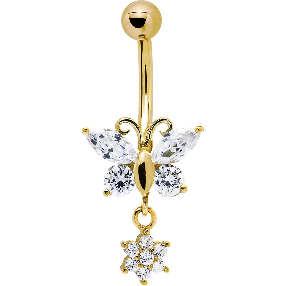 16 Gauge Solid 14kt Yellow Gold CZ Flower Butterfly Belly Ring