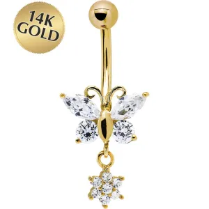 16 Gauge Solid 14kt Yellow Gold CZ Flower Butterfly Belly Ring