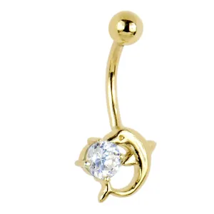 16 Gauge Solid 14kt Yellow Gold Dolphin Clear Cubic Zirconia Belly Ring