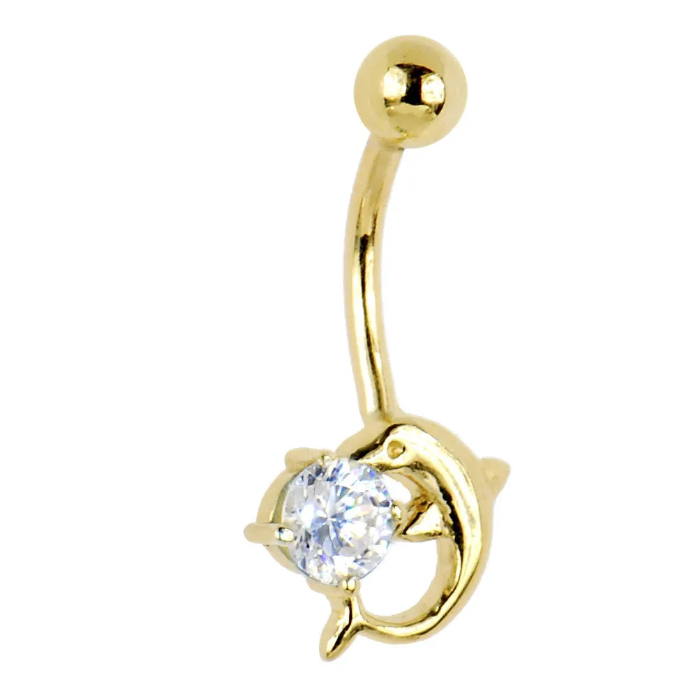 16 Gauge Solid 14kt Yellow Gold Dolphin Clear Cubic Zirconia Belly Ring