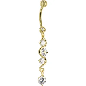 16 Gauge Solid 14KT Yellow Gold SCROLL DELIGHT Cubic Zirconia Belly Ring
