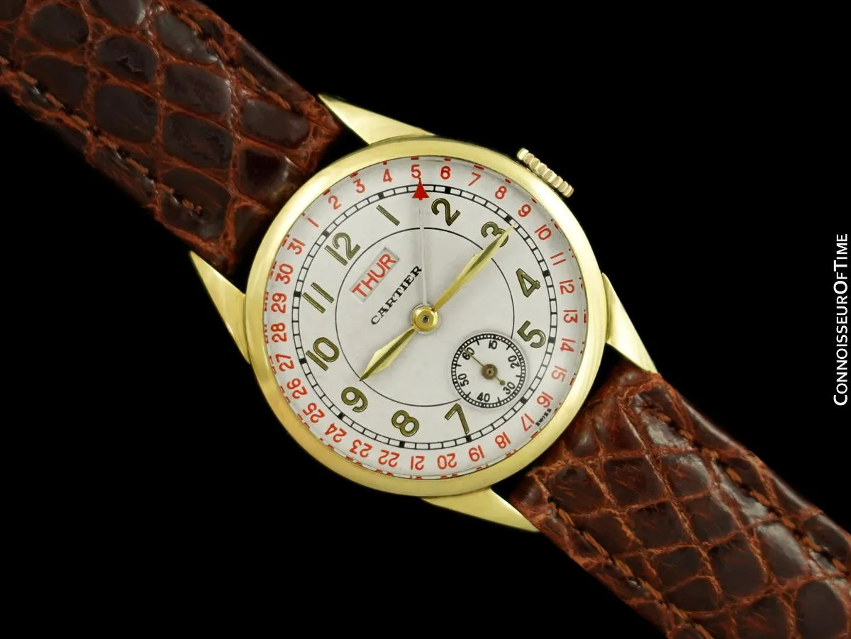 1937 Cartier by Jaeger-LeCoultre Vintage Mens Double Date Calendar Watch, Ref. 2701 - 14K Gold