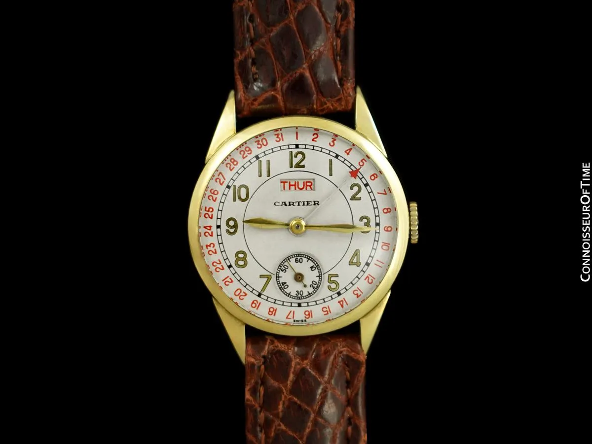 1937 Cartier by Jaeger-LeCoultre Vintage Mens Double Date Calendar Watch, Ref. 2701 - 14K Gold