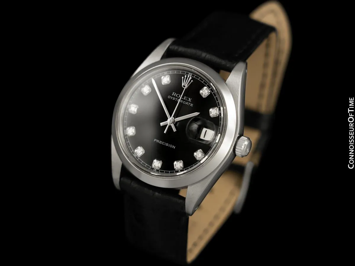 1974 Rolex Oysterdate Mens Vintage Ref. 6694 Date Watch with Black Dial - Stainless Steel & Diamonds