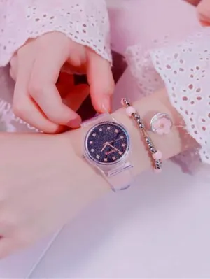 1pc Glitter Dial Pointer Quartz Watch & 1pc Bracelet Set - Pink - FD ⚡