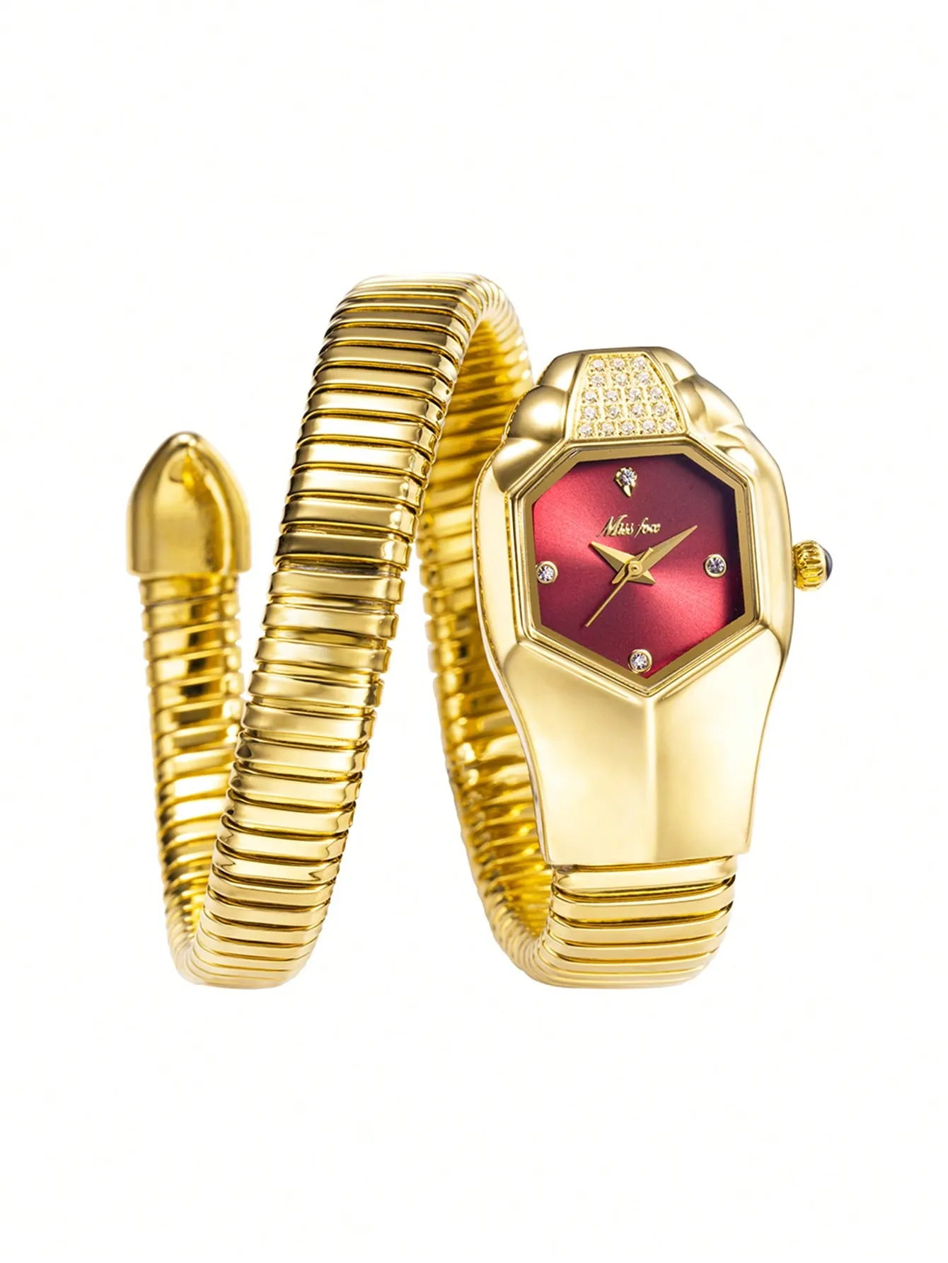 1pc Snake Shaped Strap Geometric Dial Quartz Watch - Gold- FD ⚡