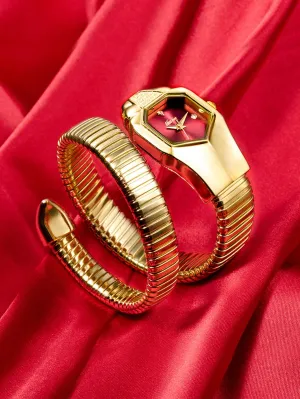 1pc Snake Shaped Strap Geometric Dial Quartz Watch - Gold- FD ⚡