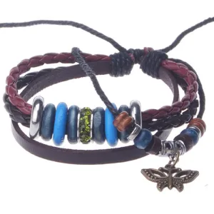 2013-2014 Summer hot sale promotional gifts butterfly cahrm beaded hand-woven  leather bracelet，Deep Coffee,sold 10pcs per pkg