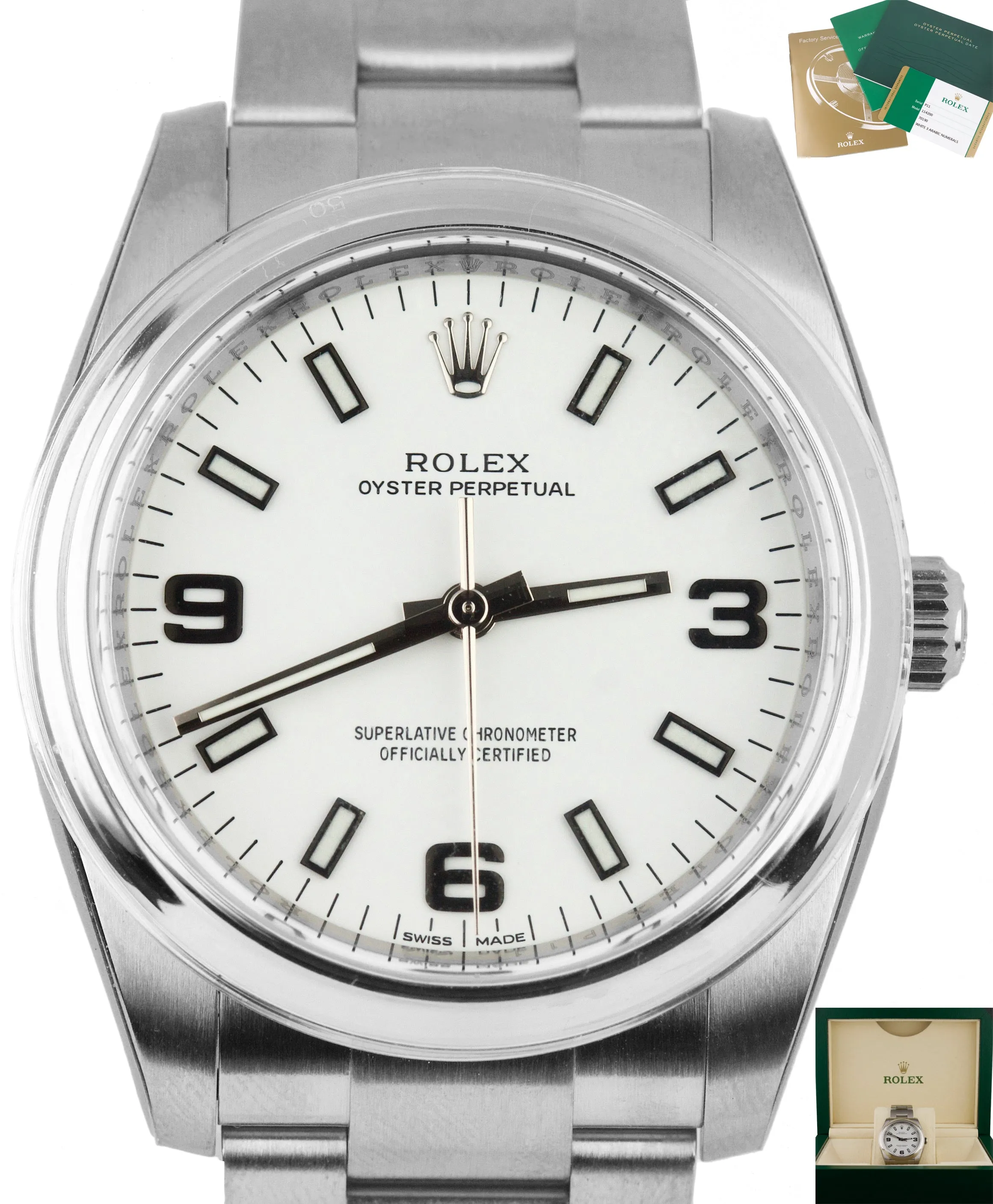 2014 BRAND NEW Rolex Oyster Perpetual 34mm White 114200 Stainless Engraved Watch