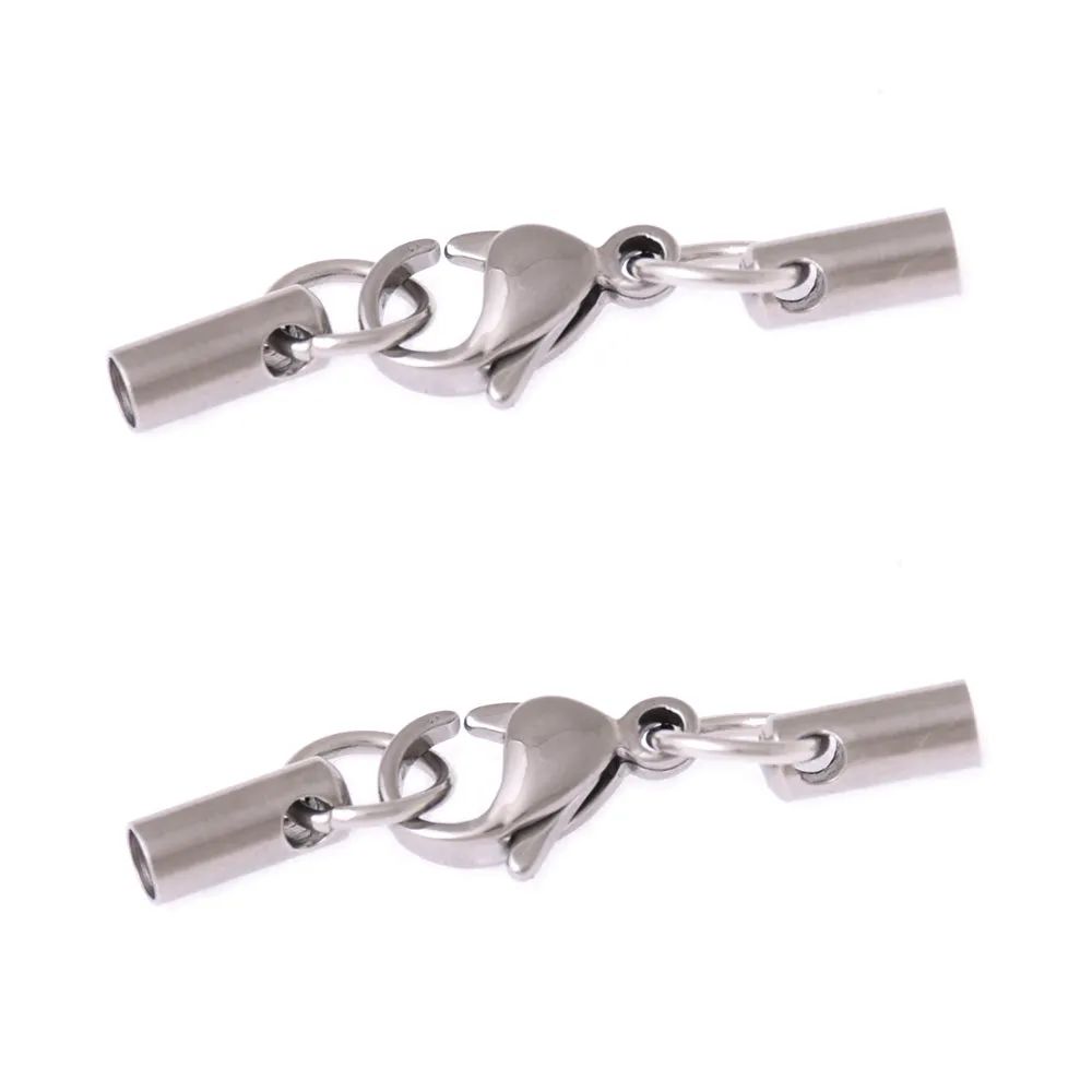 3mm Round Leather Cord Ends,Stainless Steel Bracelet Ends Bead Caps With Lobster Clasp DIY Jewelry Crafts Findings 10pcs
